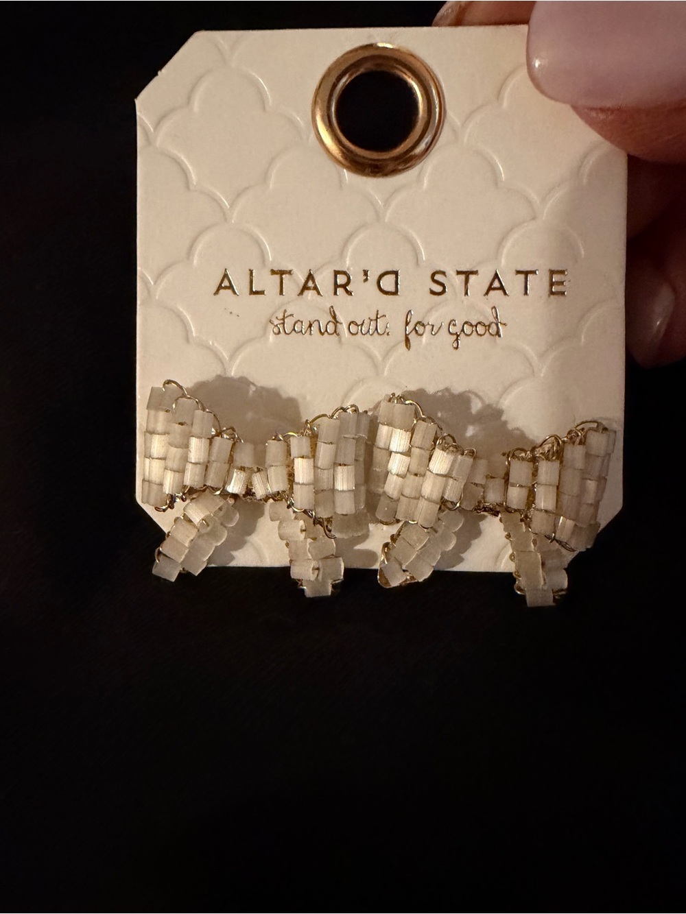 Altar'd State Cream Beaded Bow Pierced Earrings with Gold Trim